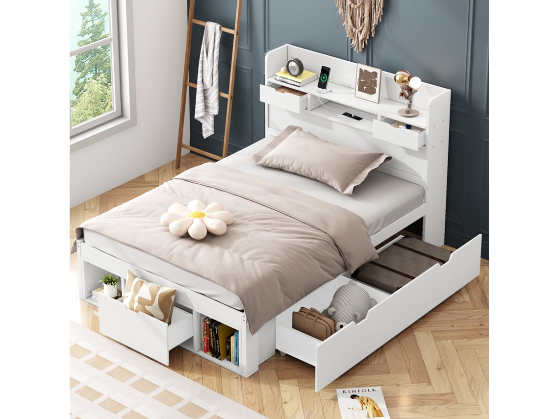 Cama Individual Blanca De 90x190 Con Usb Y Cajones Para Niños.