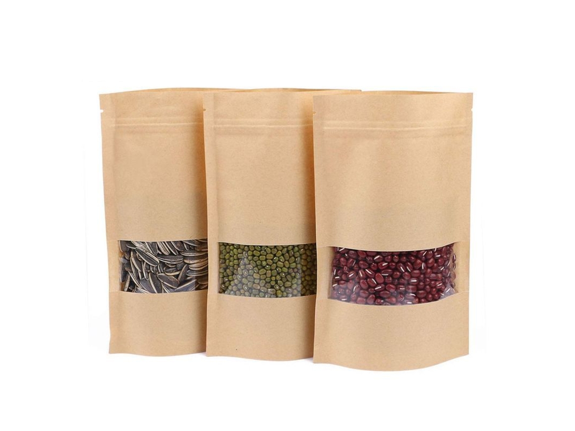2026da-50 Bolsas Reutilizables De Papel Kraft Marrón Con Cremallera Estanca Y Ventana Transparente 14x22cm