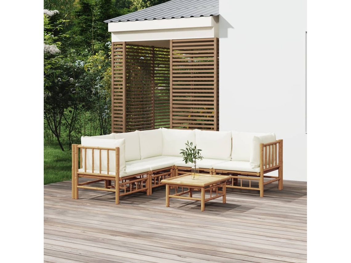 Conjunto Lounge Jardim Bamboo 6 Peças C/ Almofadões Branco Nata Dkd Home Decor