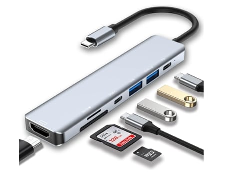 Hub USB C 7 en 1 Adaptador USB C con HDMI 4K Dos puertos USB-C Lector de tarjetas USB 3.0 Sd/Tf Gris