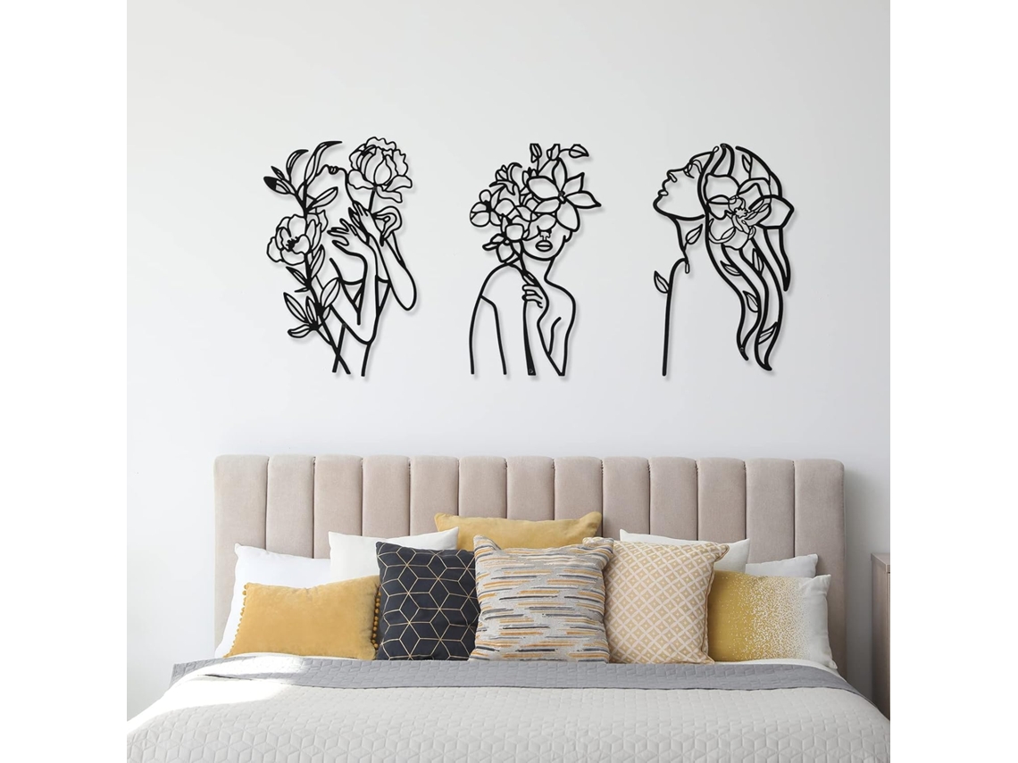 Decoración De Pared De Metal, Mujer Abstracta, Dibujo Lineal, 3 Piezas