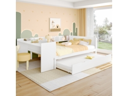 Cama De Madeira Plana, 140x200cm, Com Escrivaninha, Com Cama Auxiliar, Cama De Casal (sem Colchão), Com Prateleiras, Pinho + Aglomerado, Branca