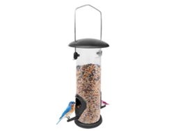 Recipiente para comida de aves silvestres, tapa de hierro, base de PVC.