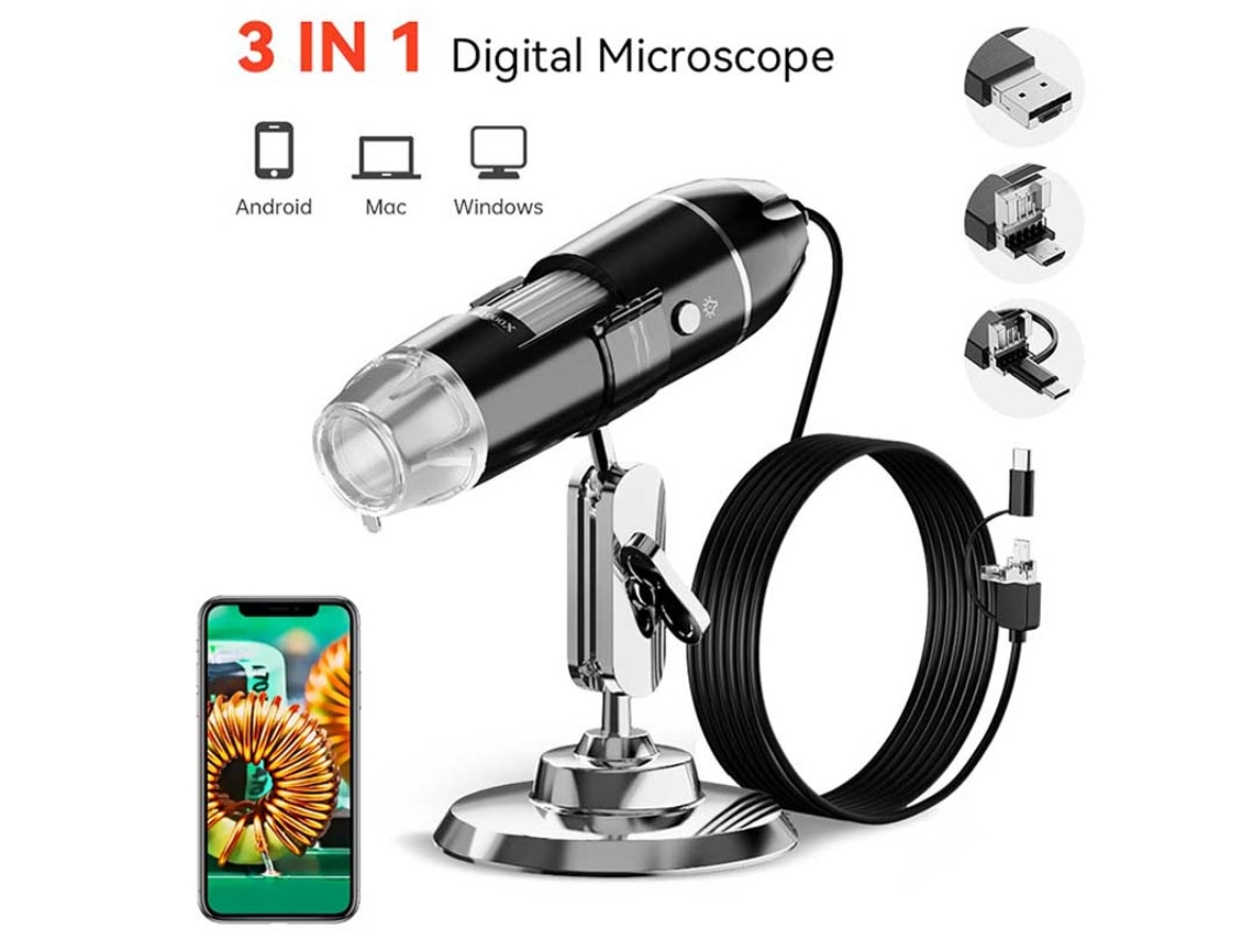 Microscopio 3 en 1 con pantalla digital portátil, lupa de 1600x, microscopio electrónico con luz LED Cuich