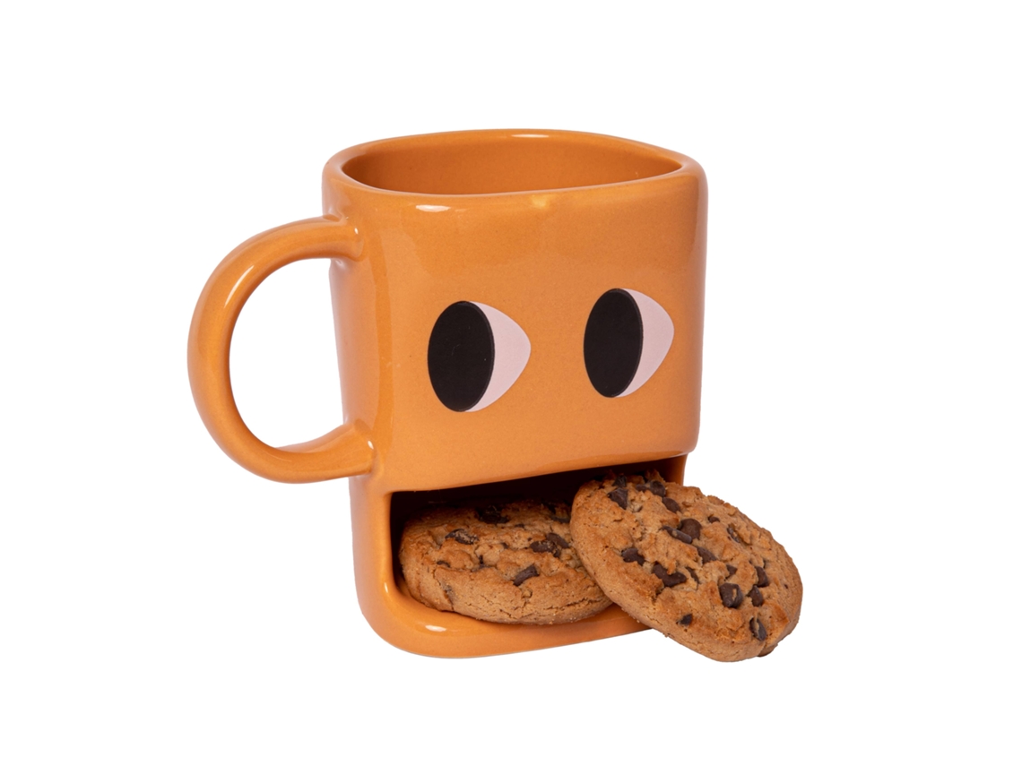FISURA Taza original para regalar “ojos” Taza con soporte para galletas naranja Taza de cerámica con hueco para galletas Taza de 240 ml