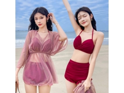 Bikini de tres piezas rojo para mujer con pareo, talla M.