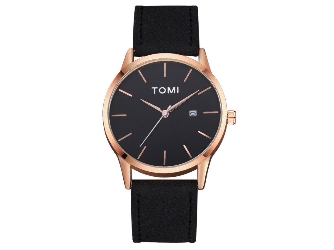 Reloj De Negocios Moda Tomi Dial Redondo Correa Pu Cuarzo Para Hombre Oro Rosa Negro