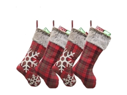4 Calcetines Navideños Personalizados Con Estampado De Copos De Nieve Y Tartán Rojo - 46 Cm