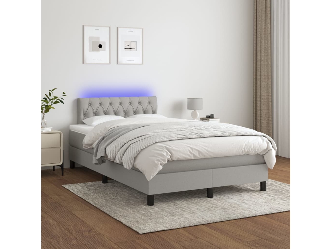 Cama Box Spring Con Colchón Tela Y Led Gris Claro 120x200 Cm