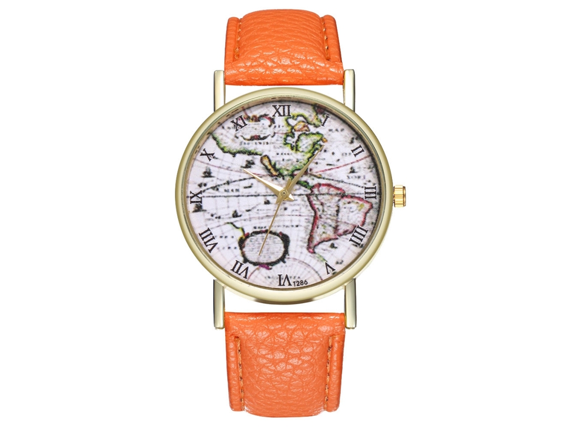 Reloj De Pulsera De Cuarzo Para Mujer Con Correa De Cuero Con Estampado De Mapa Naranja.