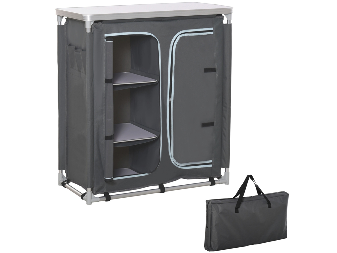 Armario Plegable De Camping Con Estantes Y Bolsa De Transporte, 96x49,5x104cm, Gris.
