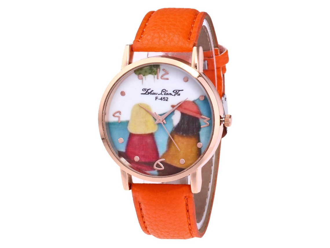 Reloj De Pulsera Para Parejas Zhoulianfa Con Correa De Piel Sintética Con Estampado De Dibujos Animados Naranja.