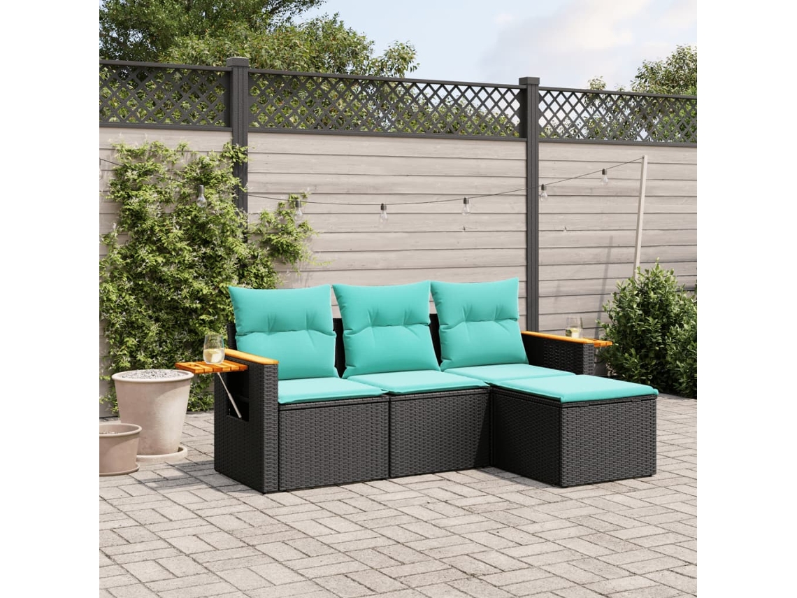 Conjunto de sofá de jardín de 4 piezas con cojines de mimbre negro DKD Home Decor