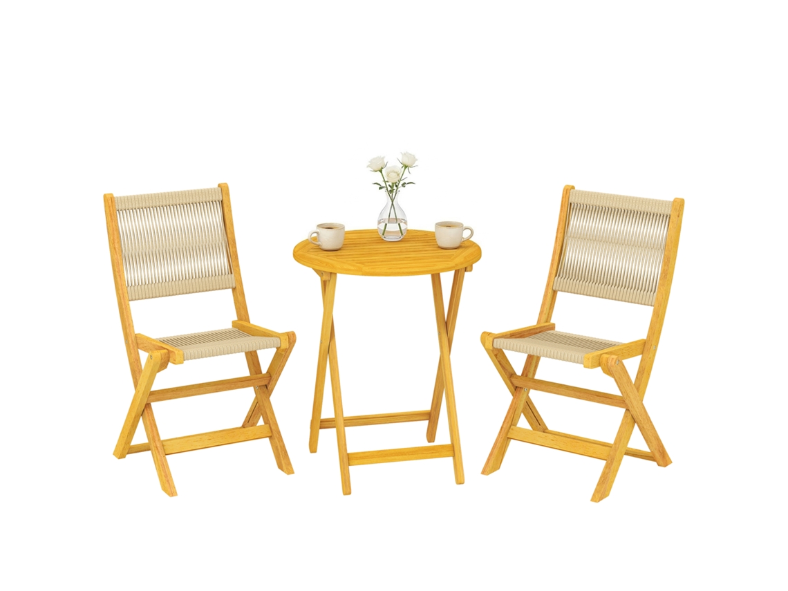 Conjunto De Jardín De Madera De 3 Piezas: 2 Sillas Plegables, Mesa Redonda, Madera Natural.