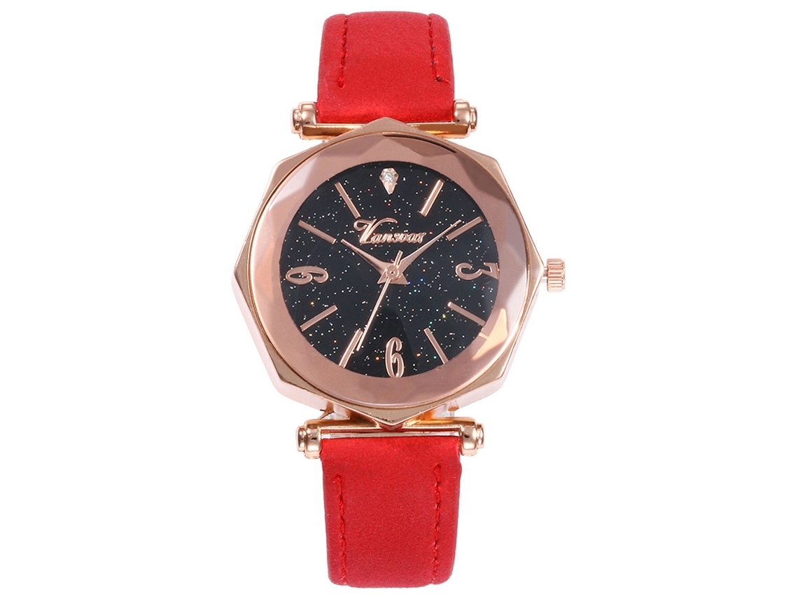 Reloj De Pulsera De Moda Para Mujer Con Correa De Pu Y Esfera Brillante - Rojo