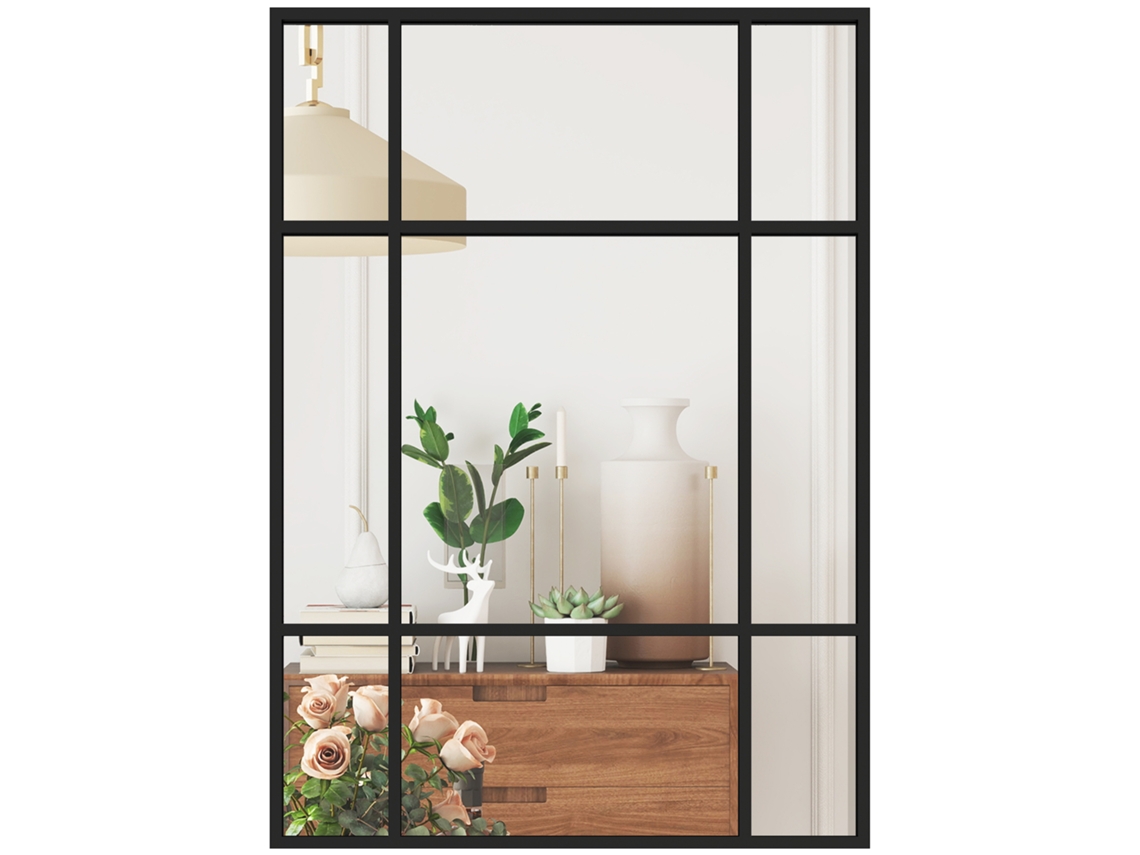 Espejo de pared rectangular, espejo de ventana, 70x50 cm con marco de metal, espejo decorativo para salón/dormitorio, negro.