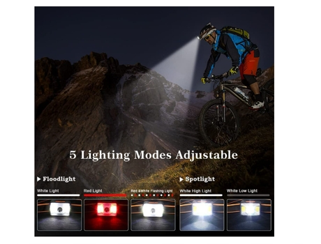 Linterna frontal LED recargable de 2000 l con 5 modos para actividades al aire libre: pesca, camping, ciclismo, caza, senderismo (negro) YIZHOOD