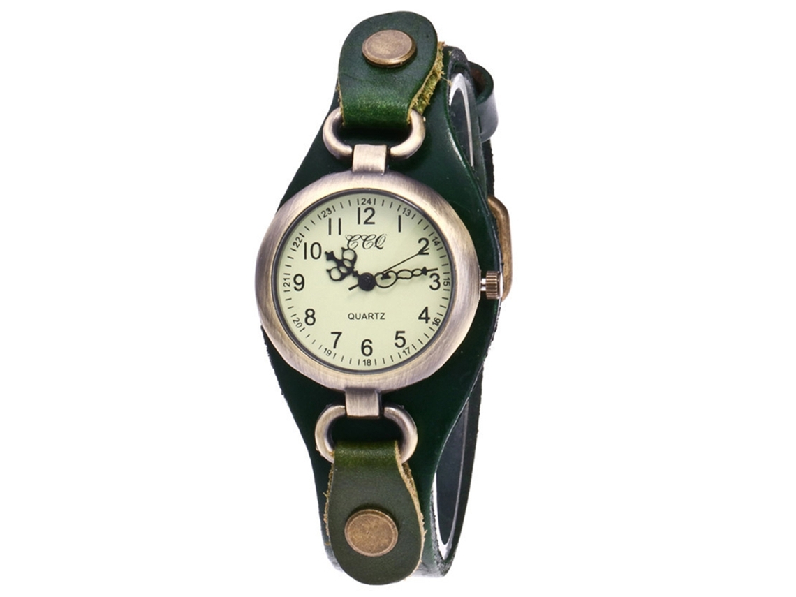 Reloj De Pulsera De Cuarzo Para Mujer Con Correa De Piel Sintética Y Esfera Pequeña Verde.