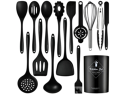 Juego de utensilios de cocina de silicona, aptos para sartenes antiadherentes, 15 piezas. Negro. Sin BPA.