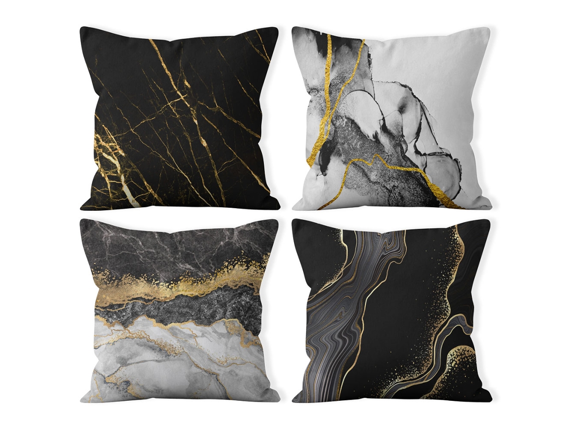 Juego De 4 Fundas De Cojín Negras, Grises Y Doradas Para Decoración De Sofá.