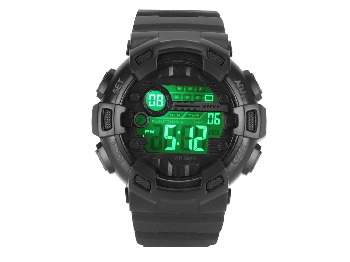 Reloj Deportivo Digital Con Doble Huso Horario, Resistente Al Agua, Correa De Pu, Cronómetro Y Alarma - Negro