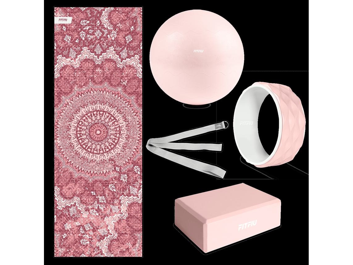 Kit 5 accesorios para yoga y pilates FITFIU FITNESS KITWELL-500 ROSA, esterilla, bloque, rueda, fitball, correa