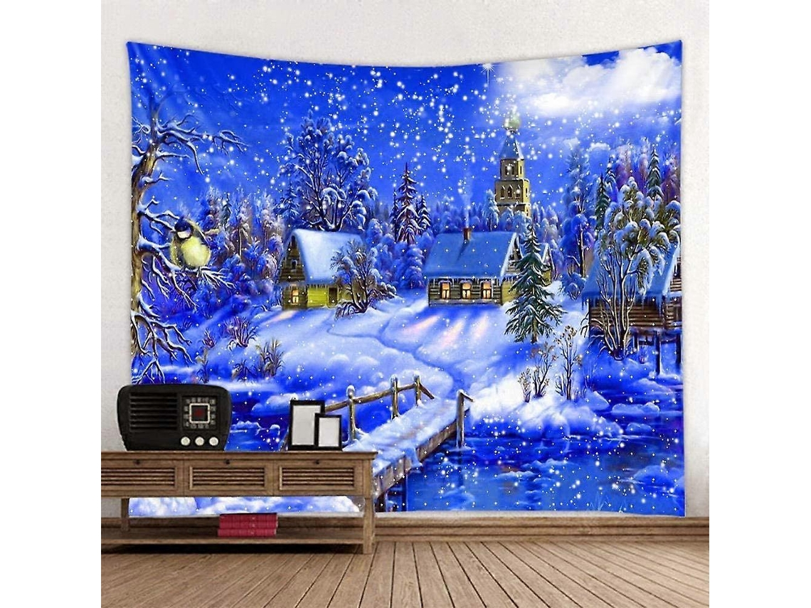 Rebe-tapestry Paisaje De Pueblo En Noche Nevada Ambiente Navideño Decoración De Pared 150x130cm