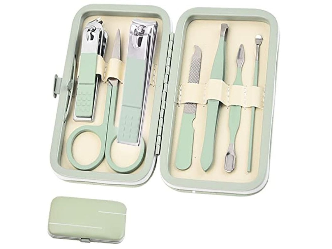 Kit De Manicura Con 7 Herramientas De Acero Inoxidable Y Estuche De Cuero Sintético Verde De Moda Para El Cuidado De Las Uñas.