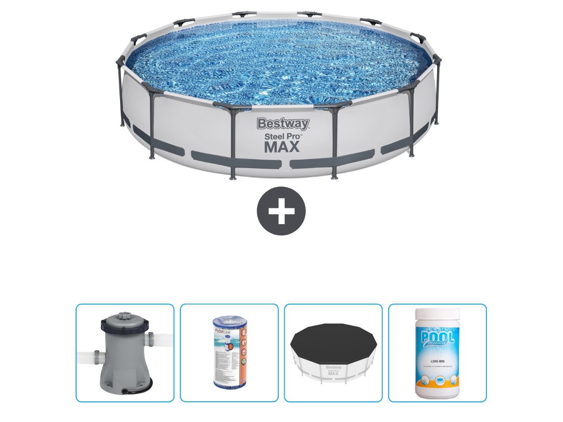 Piscina BESTWAY Round Steel Pro MAX - 366 x 76 cm - Gris - Bomba incluida Filtrar - Cubrir - Cloro