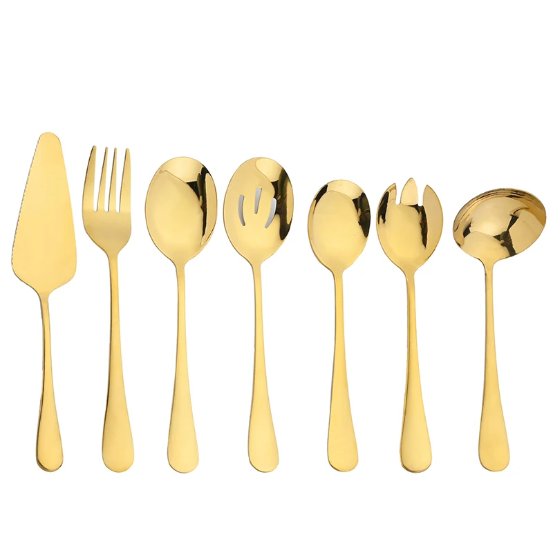 Juego de tenedor y cuchara de acero inoxidable, que incluye cuchara, colador, cuchara para ensalada, cuchara para pastel y espátula. Mdug (dorado).