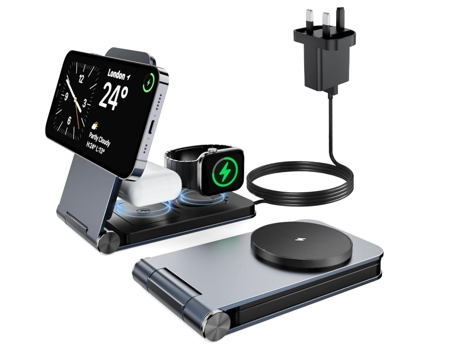 Estación de carga inalámbrica 3 en 1, cargador magnético compatible con iPhone 15/14/13/12, AirPods/2/Pro y iWatch S9/S8/S7/S6/S5/S4/S3/SE.(Negro) ...