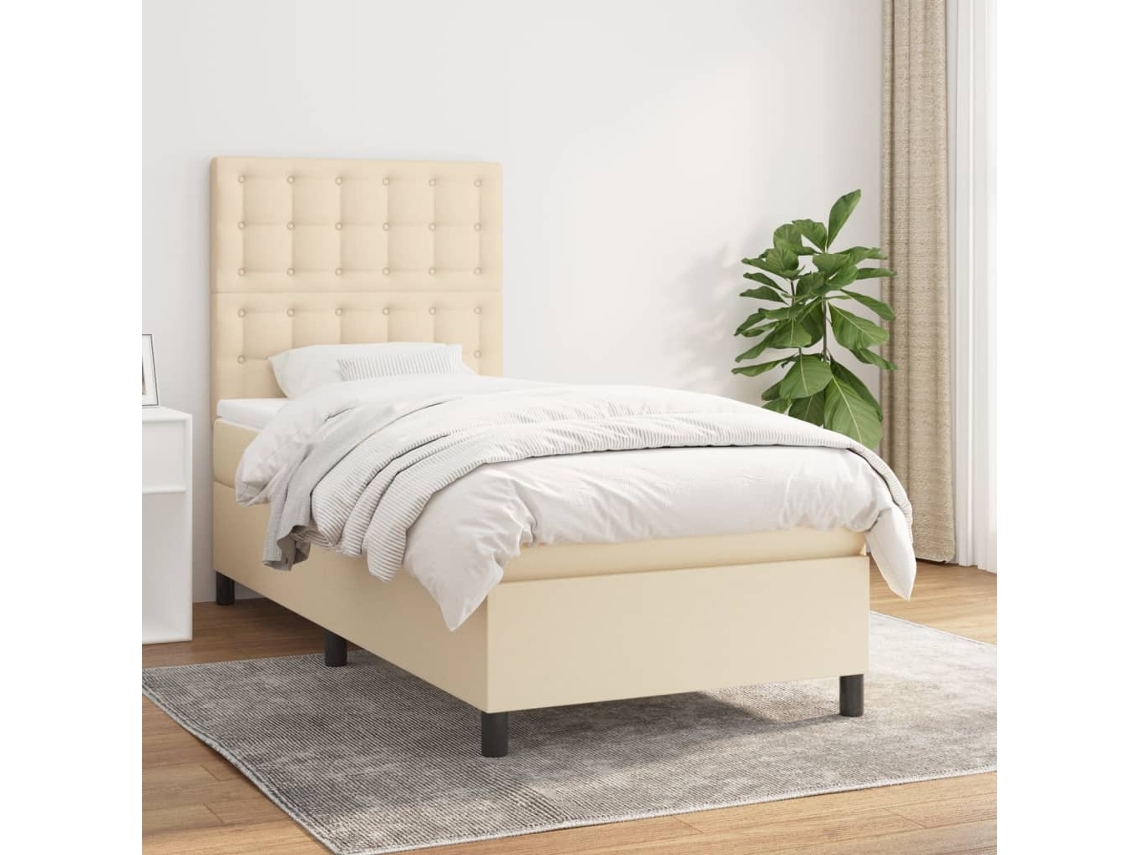 Cama Box Spring Con Colchón Tela Color Crema 80x200 Cm