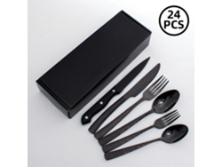 Juego de cubiertos MDUG de acero inoxidable martillado con mango cuadrado negro (24 piezas)