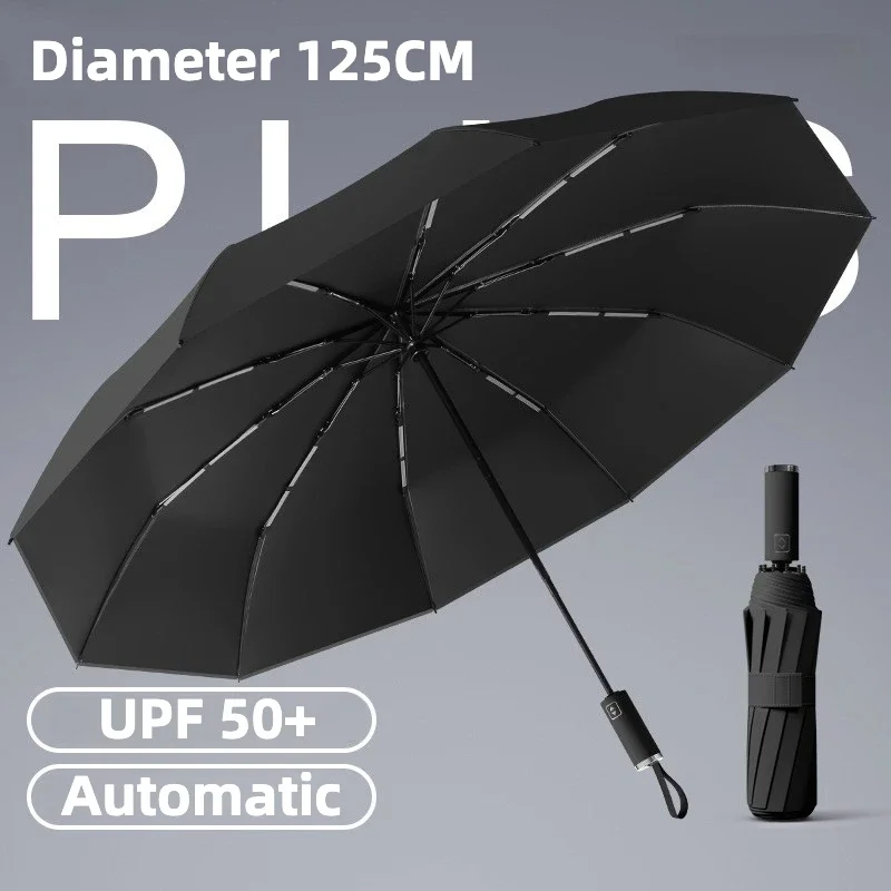 (negro, 10k) Paraguas Plegable Automático Grande De 125 Cm, Resistente Al Viento, Con Protección Solar Upf50+ Y Protección Uv.