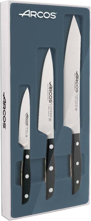 Cuchillo De Cocina arcos acero inoxidable serie manhattan juego 3 piezas chef 1 mondador rocking santoku hoja forjado mango polioximetileno pom color negro pack set la mahatthan