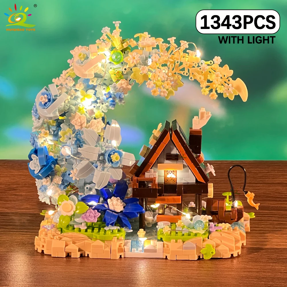 (con Luces) 1343 Piezas Moc Flower Moon House Miniatura Bloque De Construcción Modelo De Casa De Madera