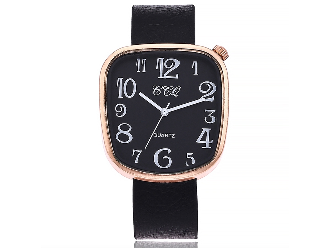 Reloj De Pulsera Ccq Quartz, Informal, Para Mujer/hombre, Piel Sintética, Negro, Esfera Numérica.