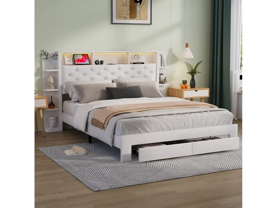 Cama Tapizada 160 X 200 Cm Cama Doble Con Led Usb, 2 Cajones, Espacio De Almacenamiento Y Estante, Base De Listones, Sin Colchón