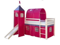 Cama Alta De 90x200cm Con Escalera Y Tobogán En Madera Lacada En Blanco Y Lona Rosa Oscuro Incluida Lit06010/3
