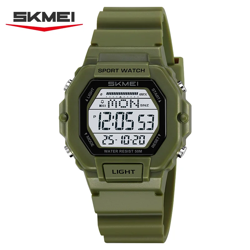 Reloj Deportivo Digital (verde Militar) Con Temporizador De Cuenta Regresiva, Manecillas Luminosas, Alarma Y Funciones De Calendario.