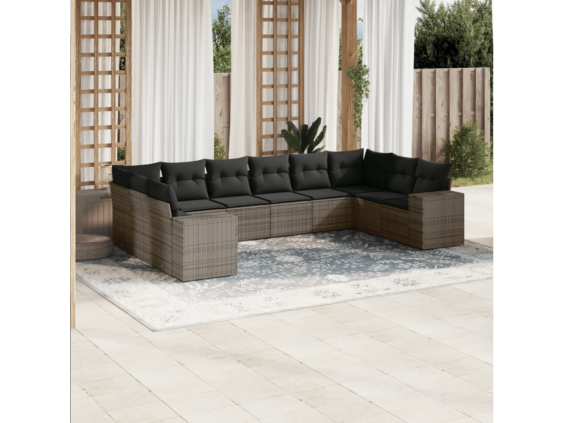 Conjunto de sofá de jardín de 10 piezas con cojines, ratán gris, DKD Home Decor
