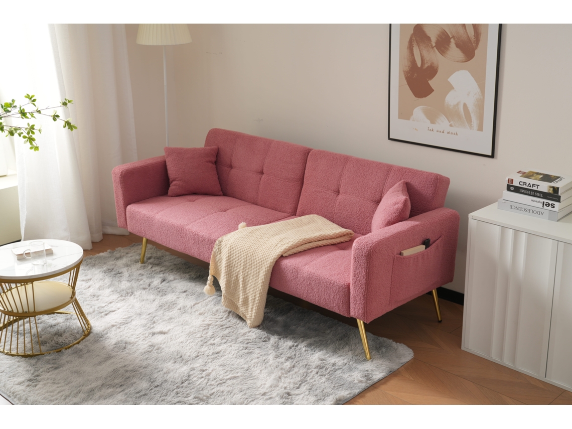 Sofá convertible con respaldo ajustable, 2 plazas, tela bouclette rosa, estilo