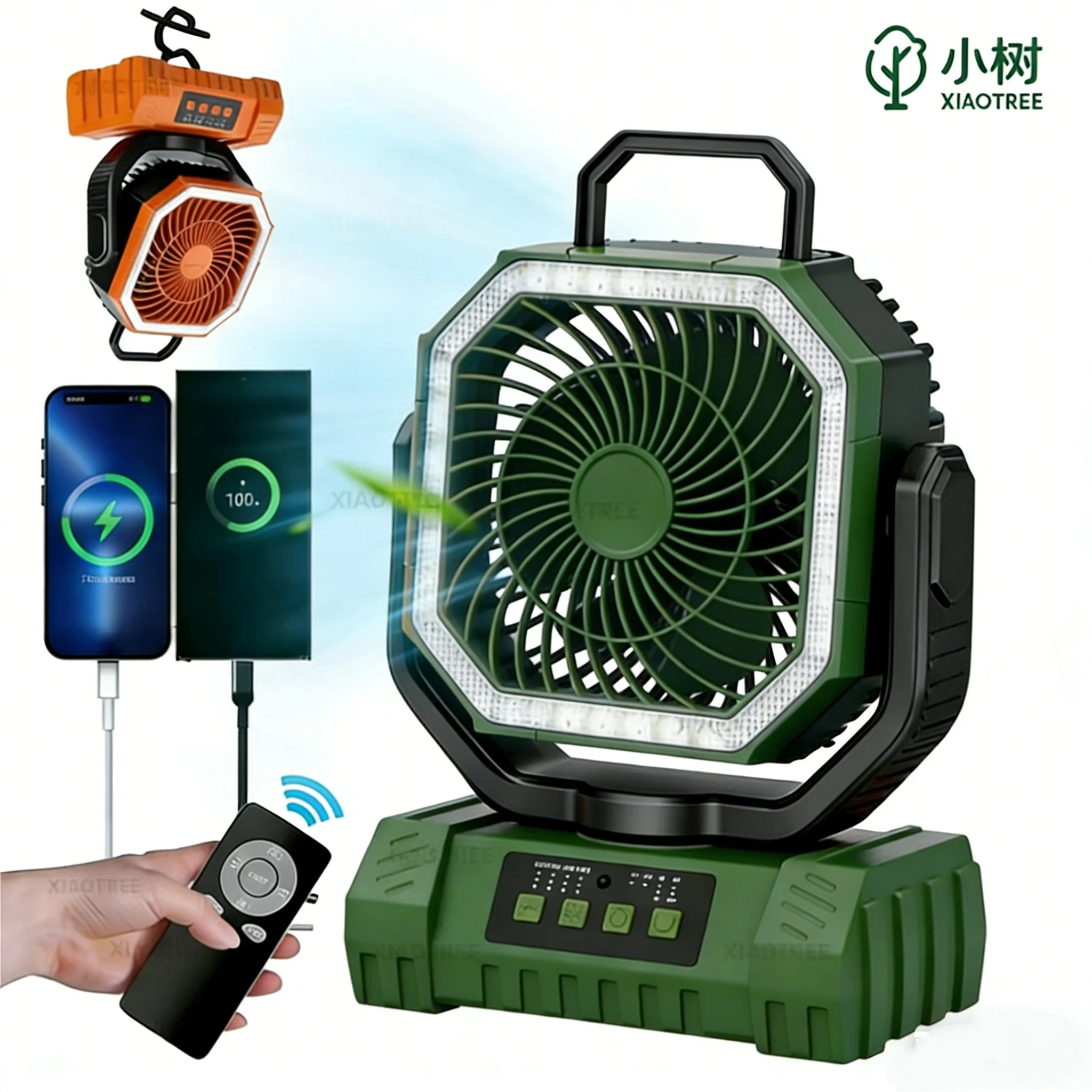Ventilador Portátil Recargable Para Exteriores (verde) De 20000 Mah Con Luz Y Control Remoto.