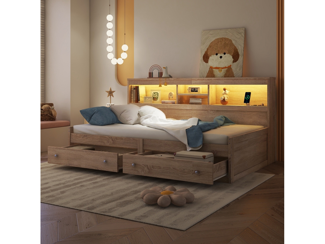 Banqueta Cama 90x200 Cm Con Led, 2 Puertos Usb, 2 Enchufes, 2 Cajones, Estantes Laterales, Sin Colchón, Natural