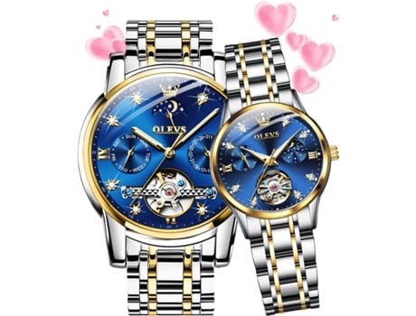 VEANXIN Juego de reloj mecánico automático con diamantes para pareja, regalo de boda romántico(azul)