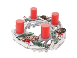 Corona de Adviento redonda, decoración navideña de mesa de madera, Ø 40 cm, blanco grisáceo, con velas rojas 04_0002568