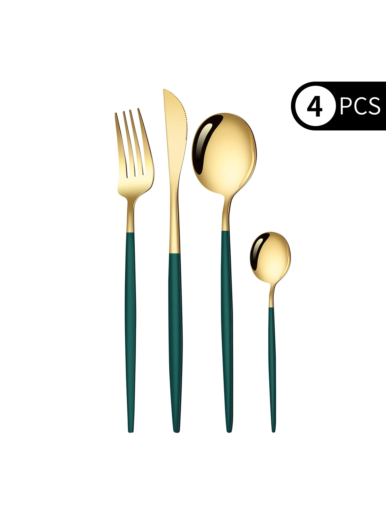 Juego De Cubiertos De Acero Inoxidable (verde Y Dorado): Cuchillo, Tenedor Y Cuchara.
