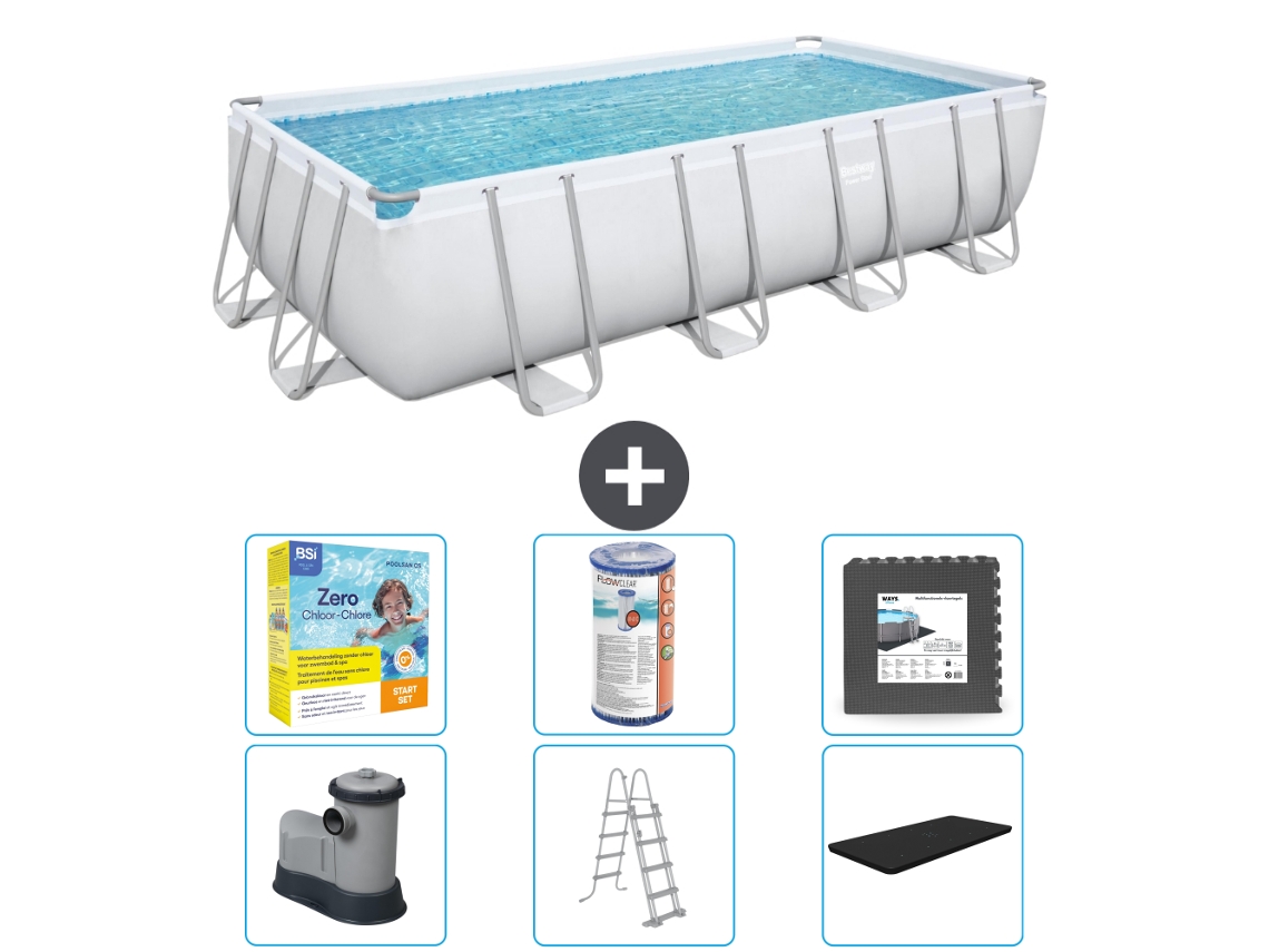 Piscina BESTWAY Rectangular Power Steel - 549 x 274 x 122 - Gris - Incluida bomba - Escalera - Cobertor Paquete de mantenimiento - Filtrar - Baldosas