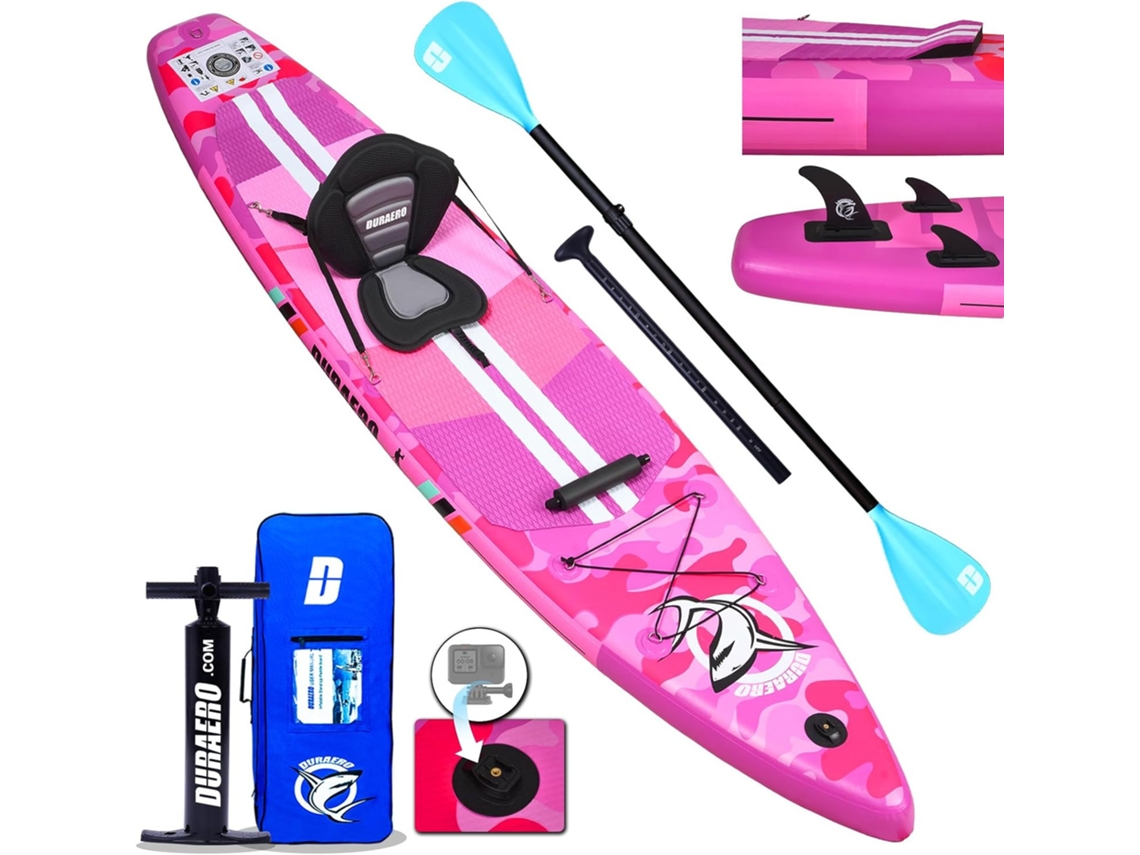 Tabla de paddle surf hinchable, asiento de kayak, 330 x 76 x 15 cm, capacidad de carga hasta 150 kg, accesorios completos, color rosa Duraero