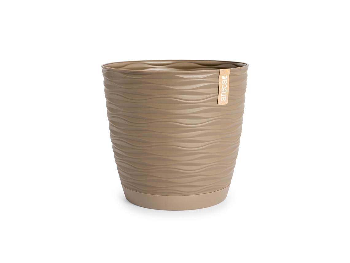 ARECA Wind - Maceta Decorativa Redonda 15 cm con Plato Integrado Taupe